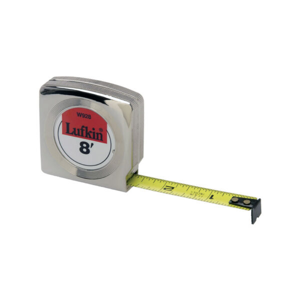 W928 Lufkin 1/2'' x 8' Mezurall Chrome Case Yellow Clad Power Return Tape Measure