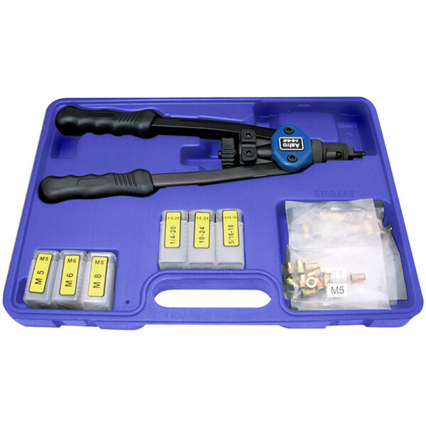Astro Pneumatic 1442 13'' Nut/Thread Setting Hand Riveter Kit W/ 3PC Metric and 3PC SAE Mandrel/Nosepiece Sets and Rivet Nut Assortment
