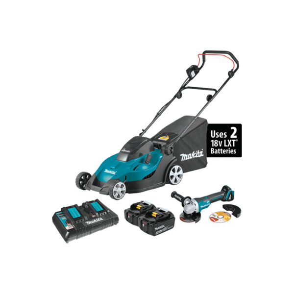 Makita XML02PTX1 36V (18V X2) LXT 17'' Lawn Mower Kit (5.0Ah) and Brushless Angle Grinder