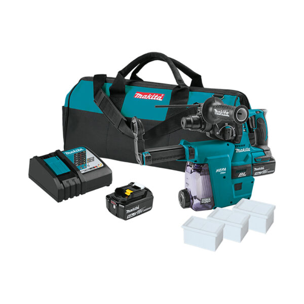Makita XRH011TWX 18V LXT Lithium-Ion Brushless Cordless 1'' SDS-PLUS Rotary Hammer Kit, w/ HEPA Dust Extractor Attachment (5.0Ah)