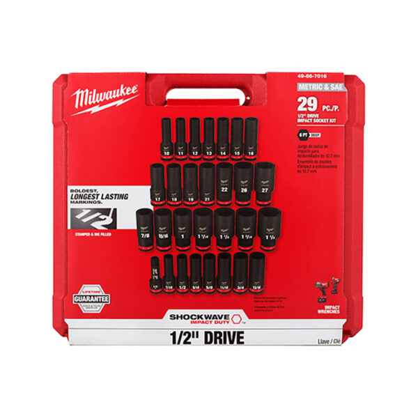 Milwaukee 49-66-7016 SHOCKWAVE Impact Duty 1/2'' Drive SAE & Metric Deep 6 Point Socket 29PC Set