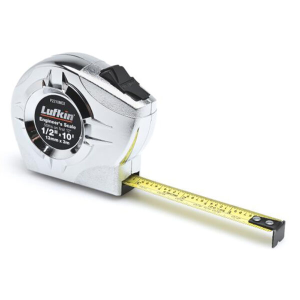 P2210MEXN Lufkin 1/2'' x 3m/10' P2000 Series Chrome Case SAE/Metric Yellow Clad A36 Blade Power Return Tape Measure